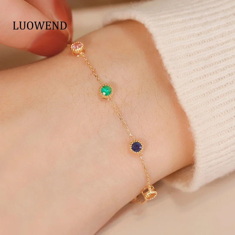 LUOWEND 18K Yellow Gold Bracelet Romantic Rainbow Design Real Natural Emerald&Color Sapphire Bracelet for Women Birthday Gift