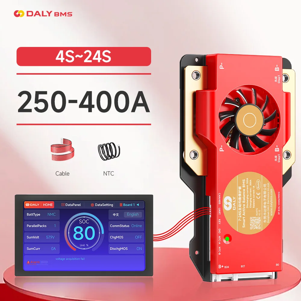 DALY BMS LiFePo4 4S 12V 8S 24V 16S 48V LI-ION 250A 300A 400A Active Balance 1A BMS with 4.3in LCD Display RS485 UART