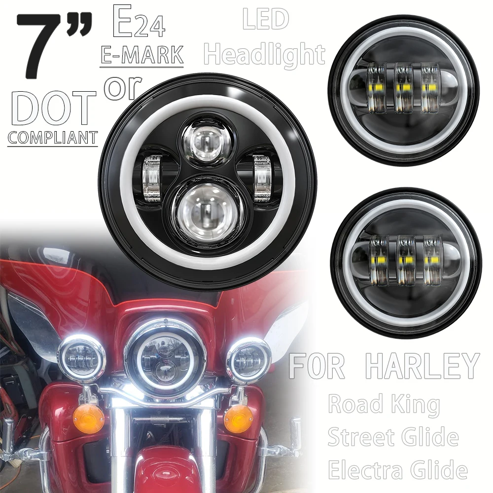 

7" E24 DOT LED Headlight Headlamp For Harley Touring Road King Street Electra Glide Motorcycle 4.5" Fog lights Auxiliary Lamp