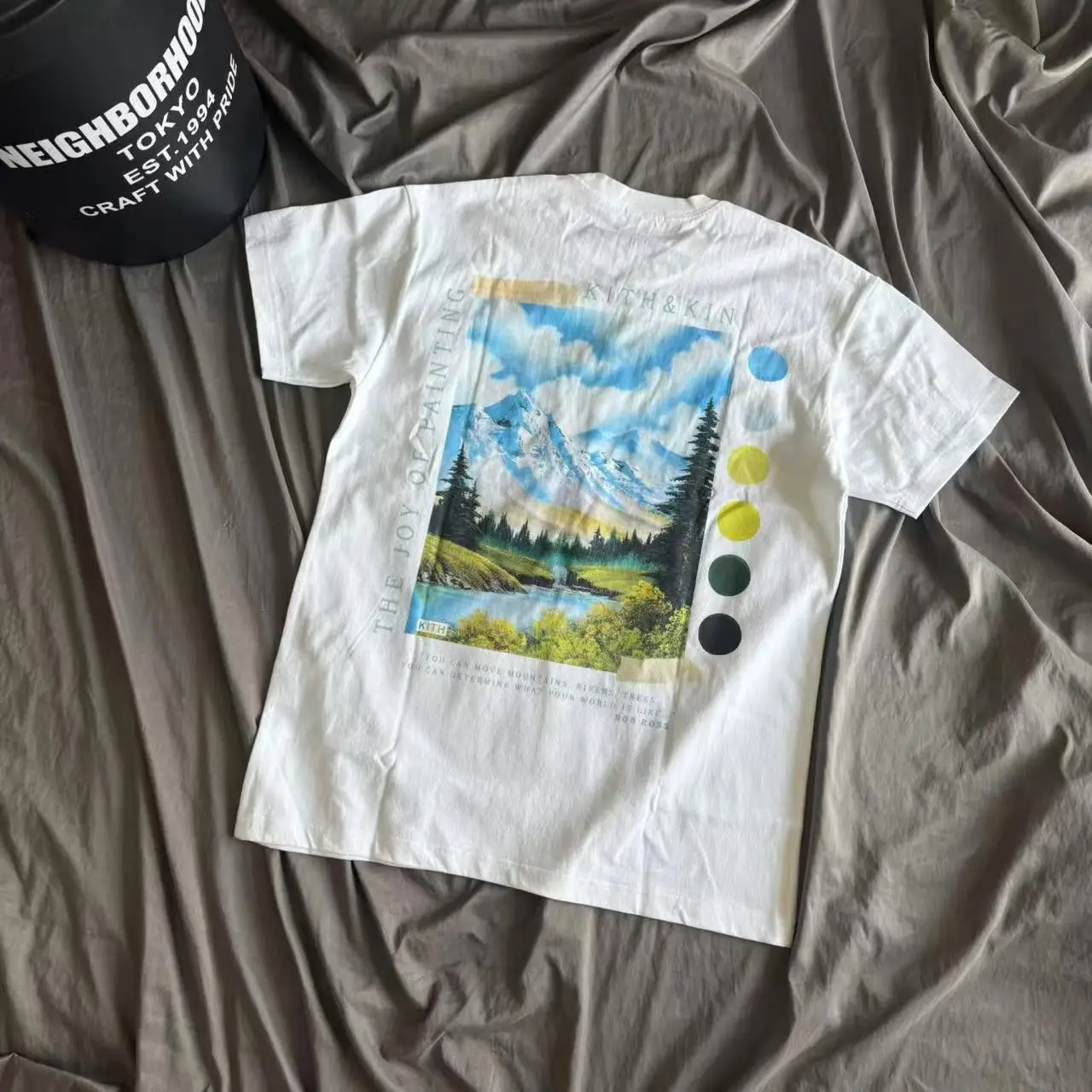 Retro American KITH Artist Landscape Painting Pocket Short Sleeve T-Shirt Loose Unisex Cotton round Neck Vintage Style