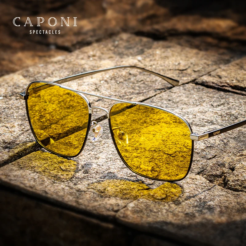 CAPONI Men Driving Yellow Sunglasses Night Vision Photochromic Brown  Square Sun Glasses UV400 Protection Eyewear BSYS8174