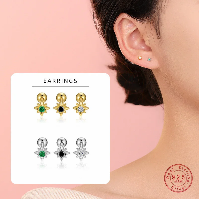 

925 Sterling Silver Inlaid Zircon Star Screw Earrings for Women Fashionable Simple Temperament Silver Jewelry