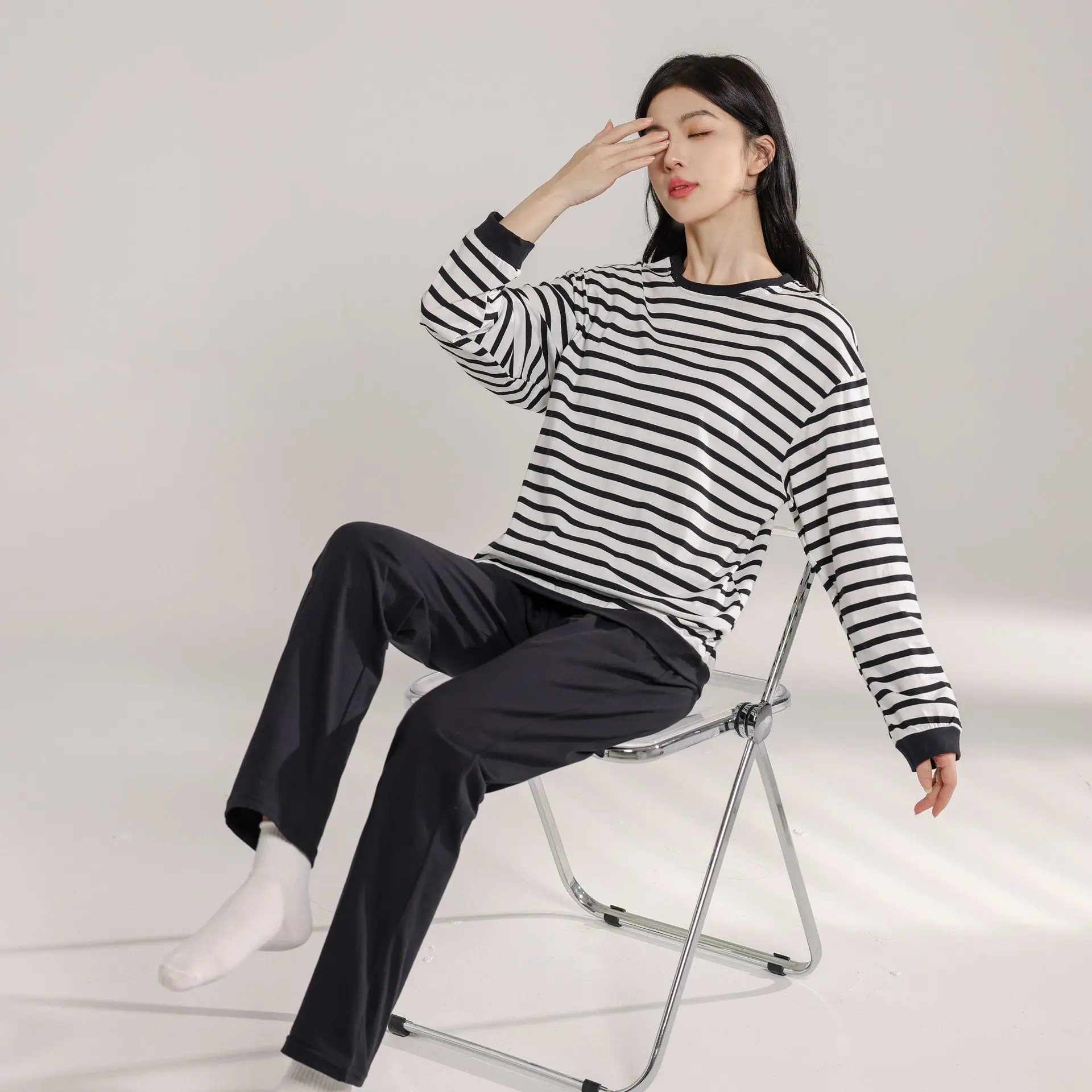 

Spring New Couples 100% Cotton Pajamas Suit Men's Long-sleeved Trousers Stripe Pullover Home Service Casual Women Sportswear