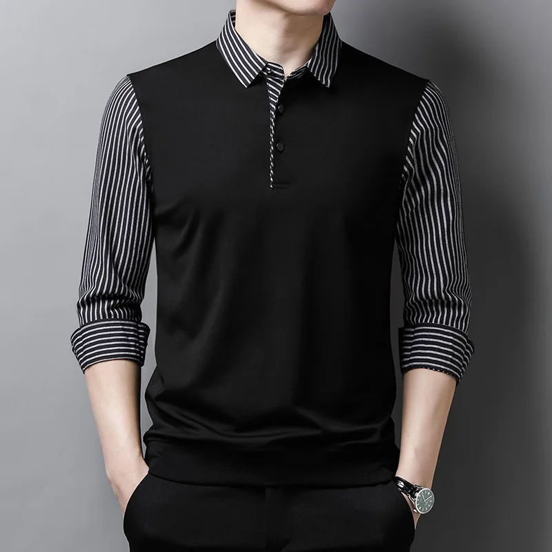 Spring Autumn Men Polo Shirt Fashioh Fake Two Designer Clothes Patchwork Striped Polo Men Long Sleeve Casual Business Male Shirt