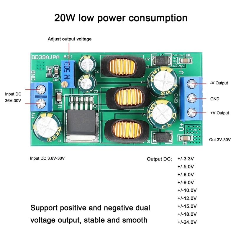 Módulo de fuente de alimentación Boost-Buck Convertidor elevador/abajo de voltaje de salida dual de 20 W Entrada de 3,6-30 V a salida ± 3-30 V