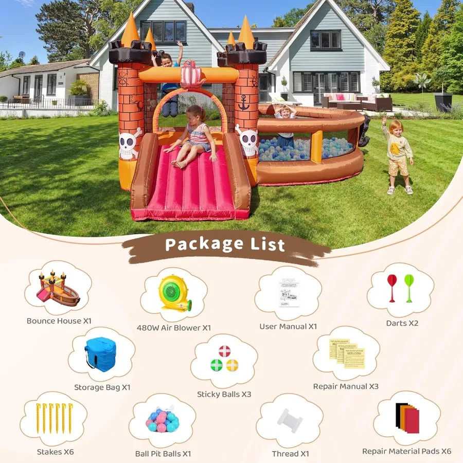 Inflatable Bounce House for Kid 38: Jump Bouncy House Castle with Slide Blow Up Bouncer with 480W Blower for Toddler Outdoor In