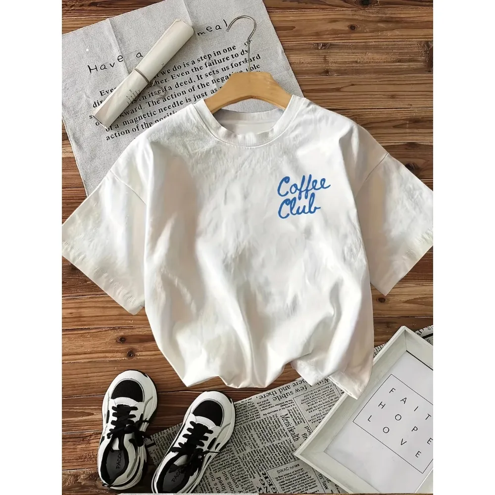 Men Women Casual Short Sleeve Crew Neck T-Shirt Coffee Club Graphic Print Letter Coffee Cup Design Clothes Women Retro T-Shirts