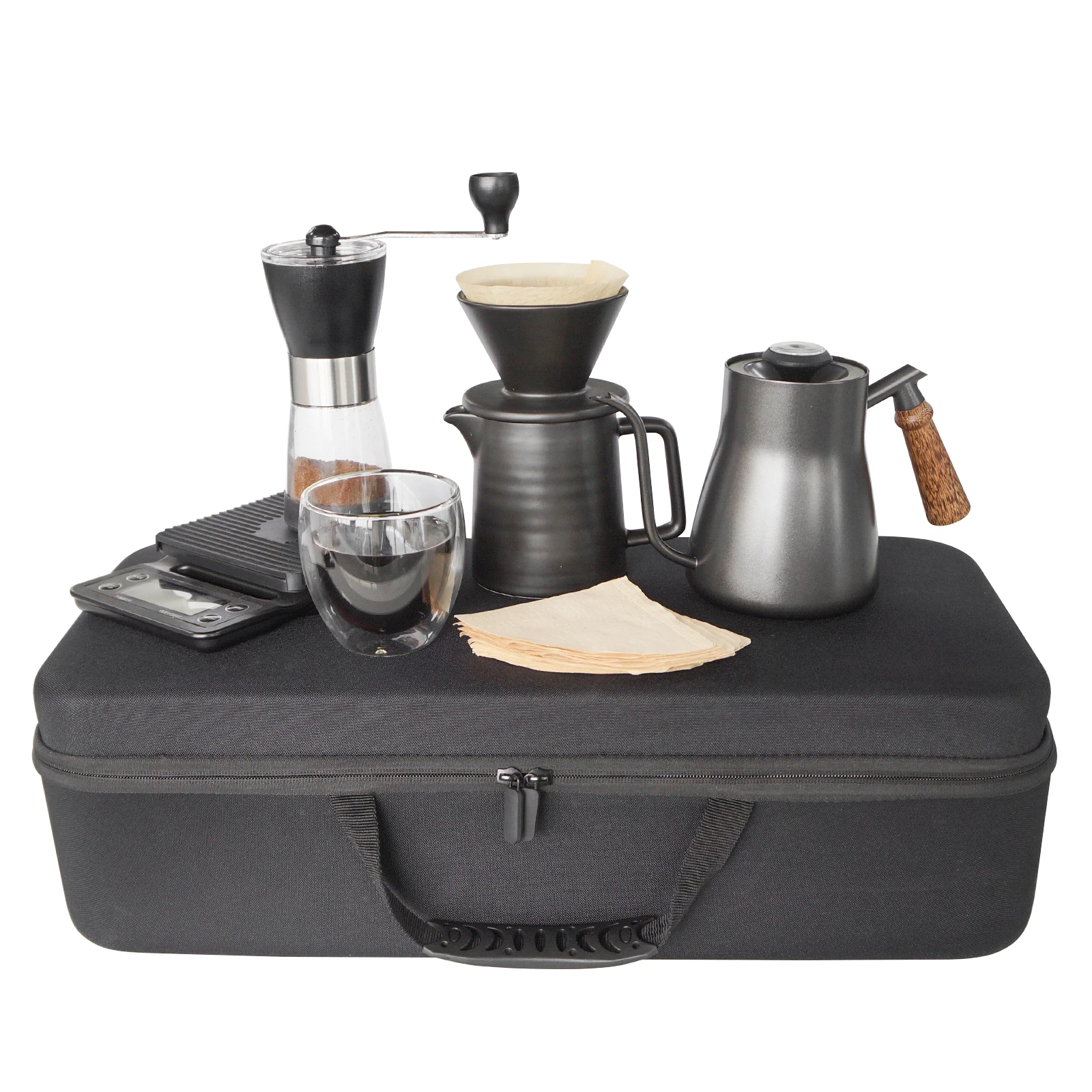 Outdoor Pour over Coffee Set Camping Cafe Manual Grinder Kettle Glass Dripper Mug Server Filters Portable Coffee Set Travel Bag