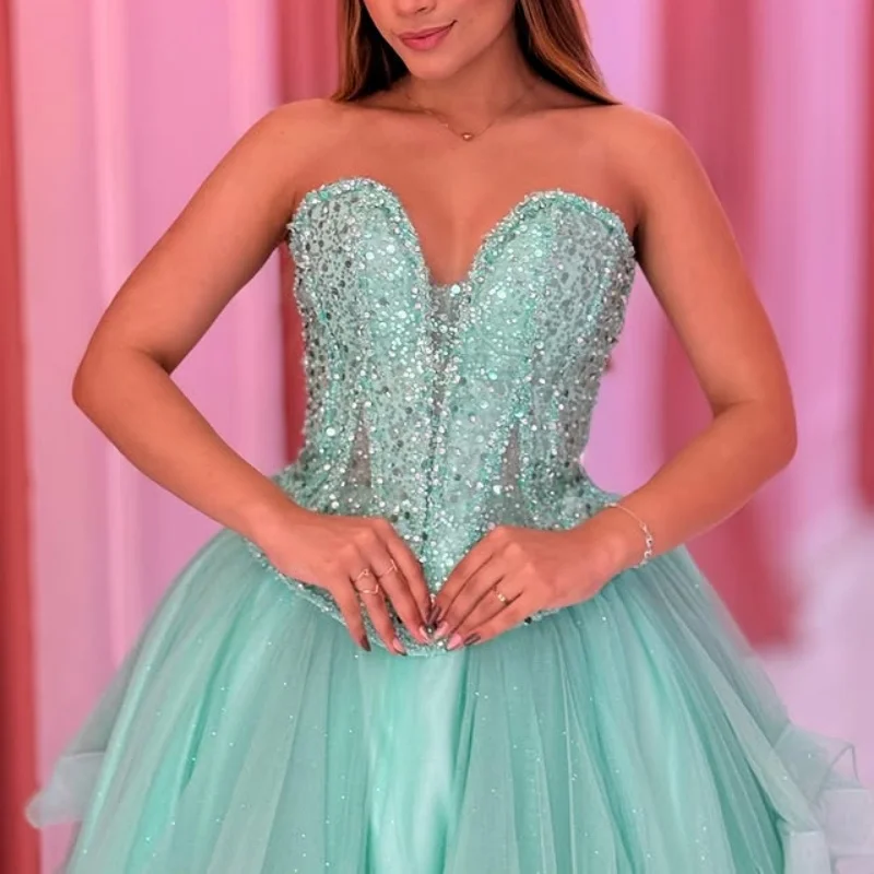 

Озерно-синее платье Quinceanera с открытыми плечами, блестящие кристальные многослойные платья de 15, Quinceanera ﻿ Индивидуальный
