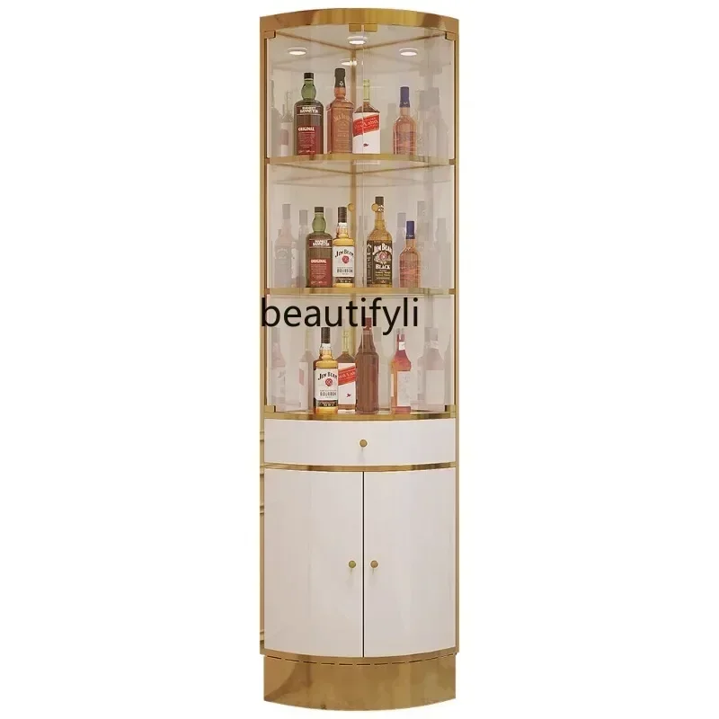 D06 A44 Y New Light Luxury Stainless Steel Triangle Glass Wine Cabinet with Drawer Turn Corner Living Room Fan-Shaped Wine Cabin