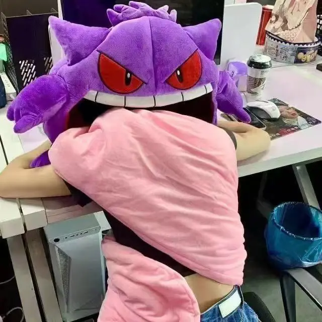 In Stock Pokemon Gengar Cartoon Anime Kawaii Elf Sleep Pillow Dual Purpose Nap Blanket Toys Doll Super Soft Big Mouth Gifts