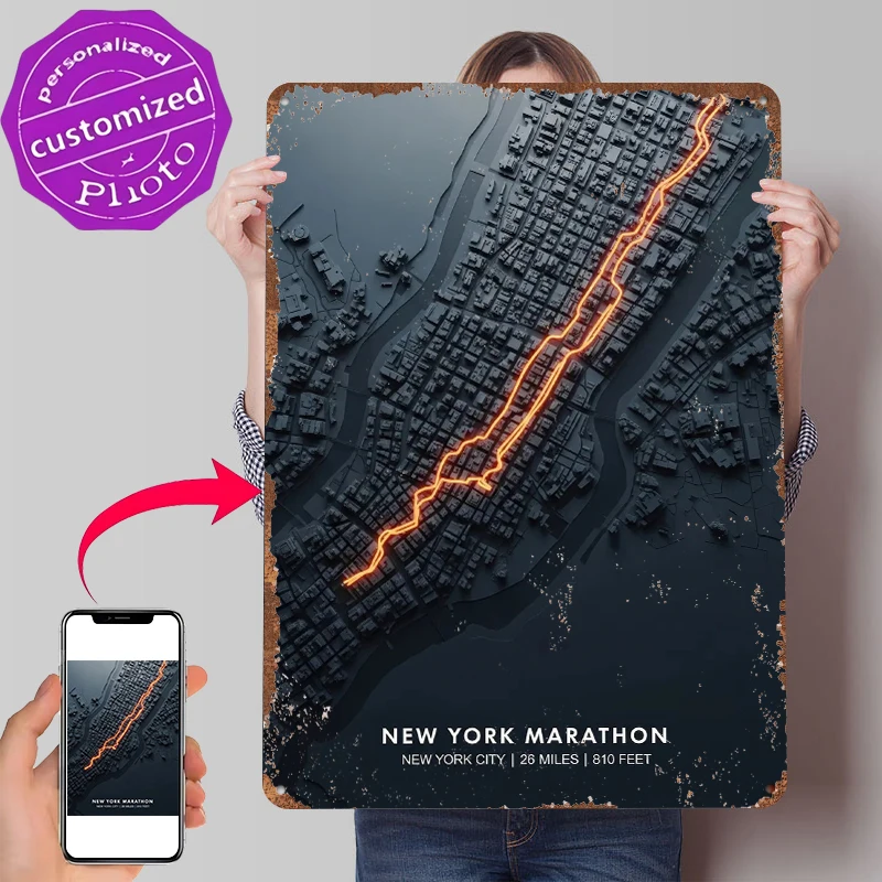 New York Marathon Karte Blechposter Individualisierte Wandkunst Retro Vintage Metallschilder für Fans Heimdekoration Gamer-Dekoration