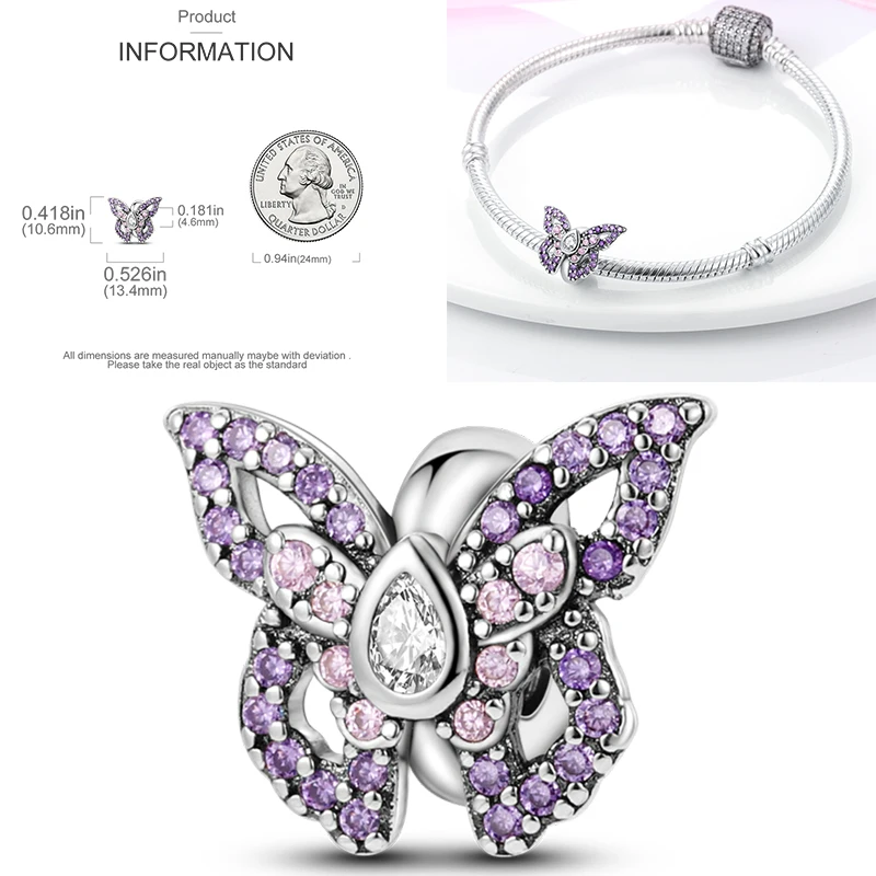 Schmetterlingsanhänger 925 Sterling Silber Rosa Blau Regenbogen Perlenanhänger Passend für Europäische Armbänder DIY Schmuck Geschenk für Frauen und Mädchen 2026 – Detail 20