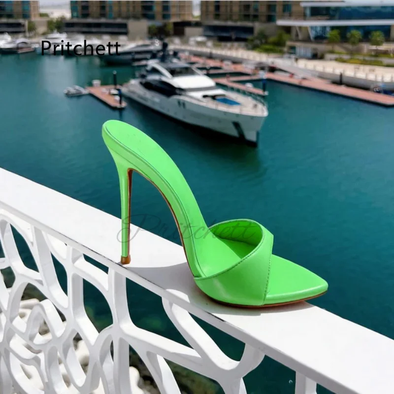 Solid Pointed Toe High Heels Women \'s Slippers Red Green Leather Sandals Summer Shoes Open Toe Catwalk Party Stiletto Shoes