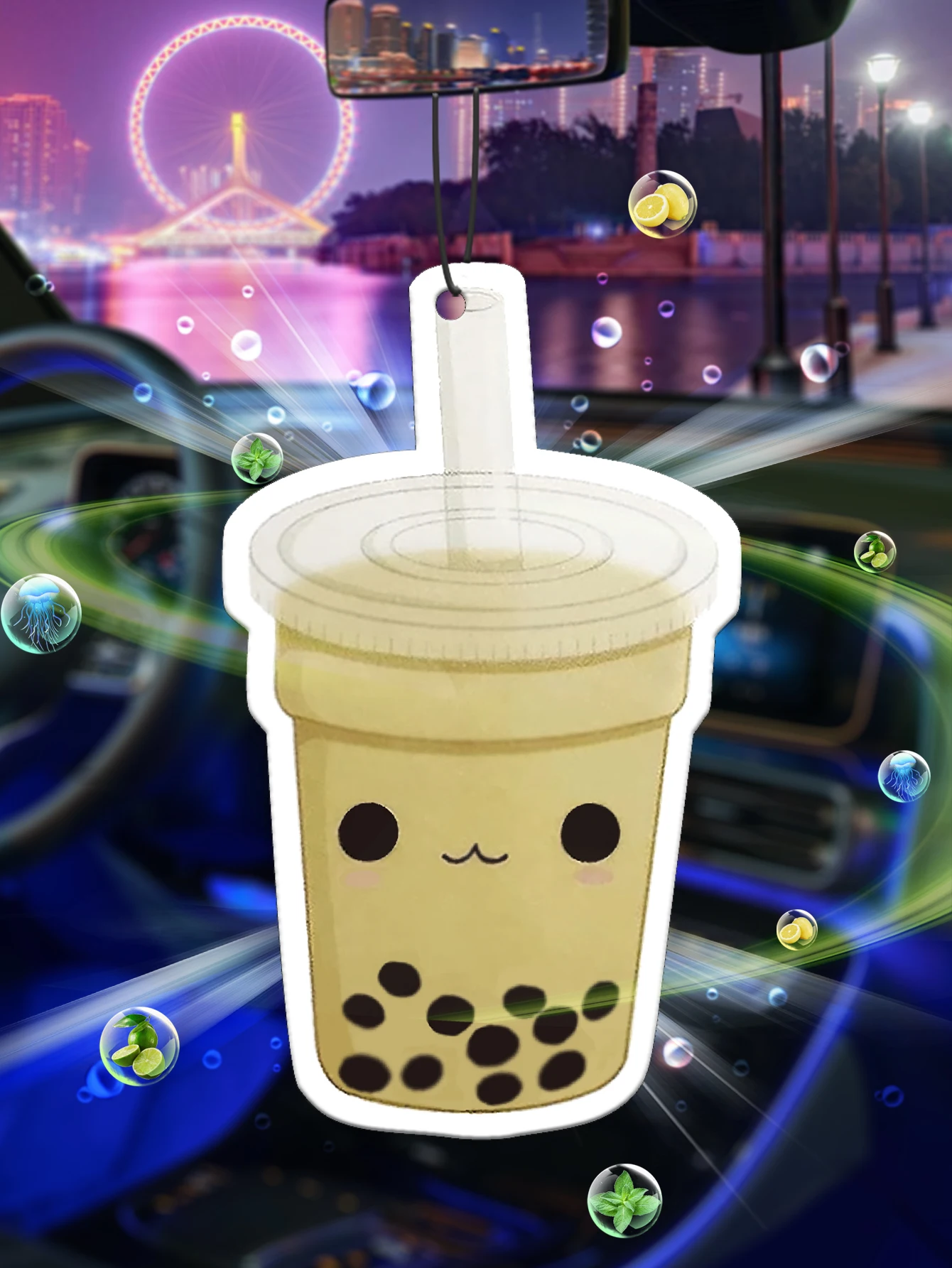 Cute Kawaii Boba Milk Tea Cup Cartoon Car Air Freshener Hanging Scent Card, Smiling Bubble Tea Auto Rearview Mirror Ornament, Na
