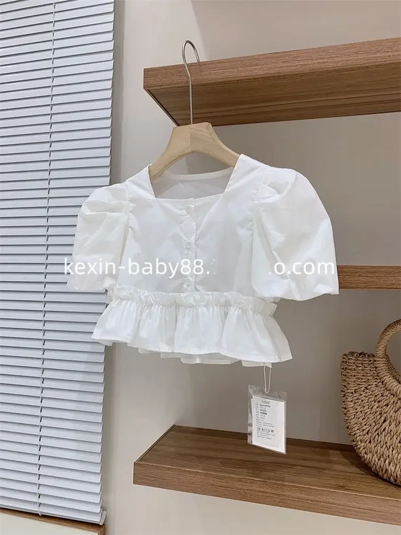 

Girls' Clothing Set Summer Children's French Square Neck Bubble Sleeve Shirt Lace Thin Soft Jeans Two Piece Set 4 6 8 10 13 15Y