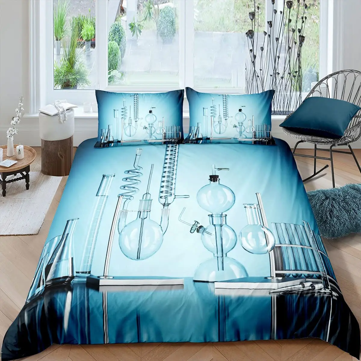 Laboratory Bedding Set Chemistry Lab Duvet Cover Set for Kids Teen Test Tube Microscope Graffiti Comforter Cover Science Theme