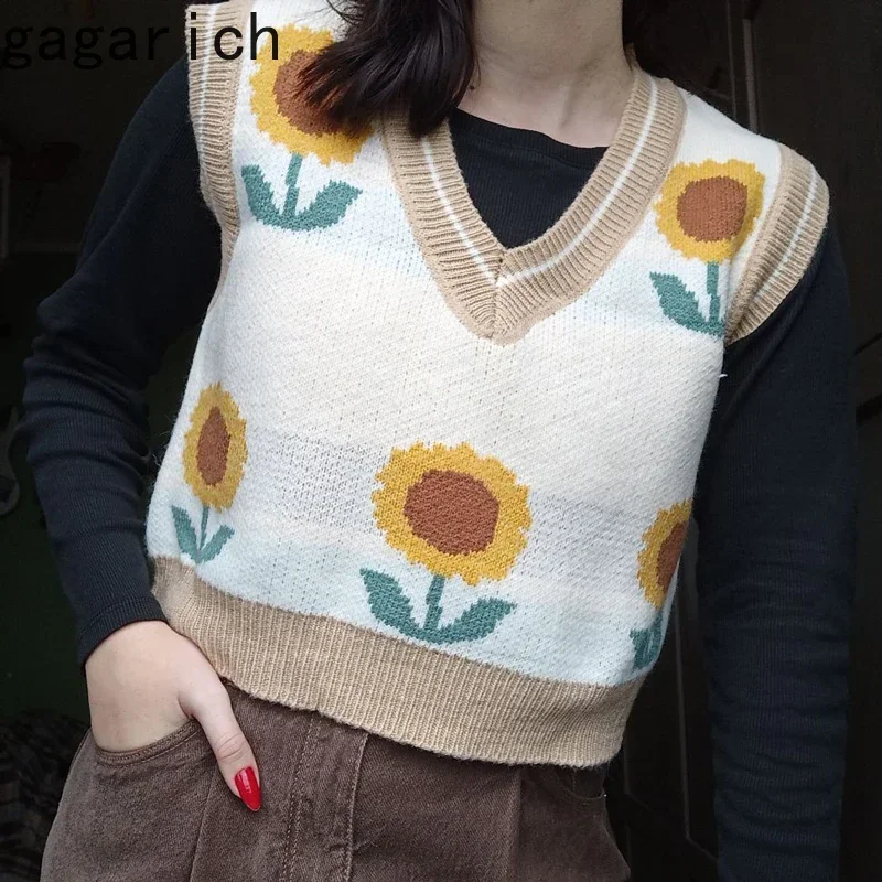 Gagarich Women Sweater Korean Style Casual Vest Autumn 2024 New Jacquard Sleeveless V-neck Pullover Sunflowers Knitted Fashion