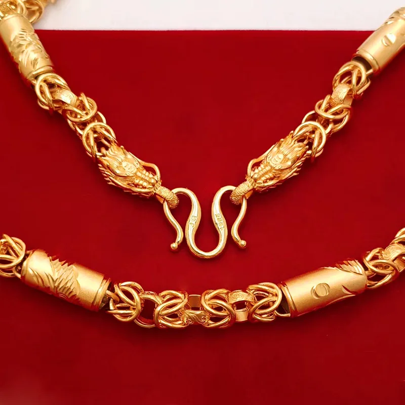 9999 Gold Dragon Head Necklace with Dragon Pattern Carving, Hollow Design, 10mm Dragon Bone Chain for Men, Retro and Powerful