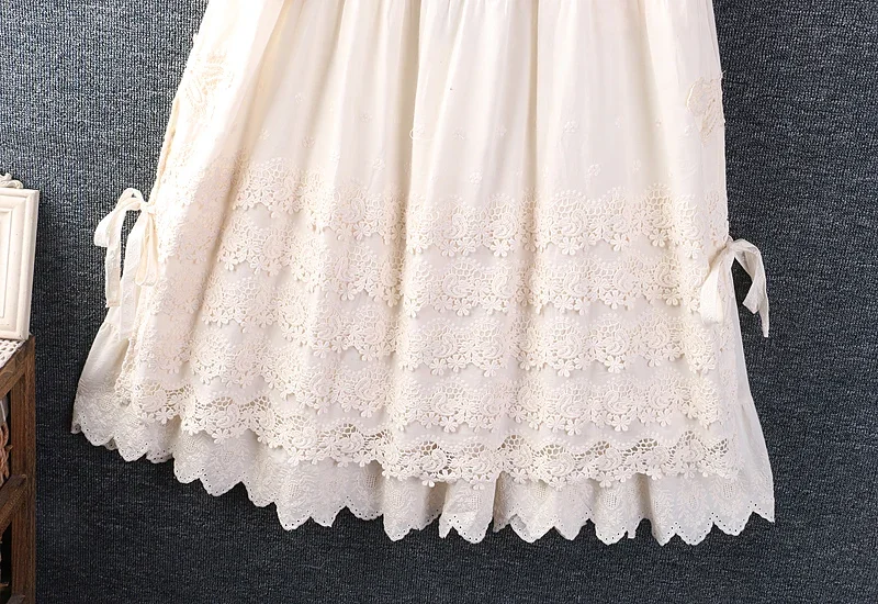 Spring Autumn New Sweet Mori Girl Floral Embroidered Pockets Skirt Women Elastic Waist Casual Cotton Skirt