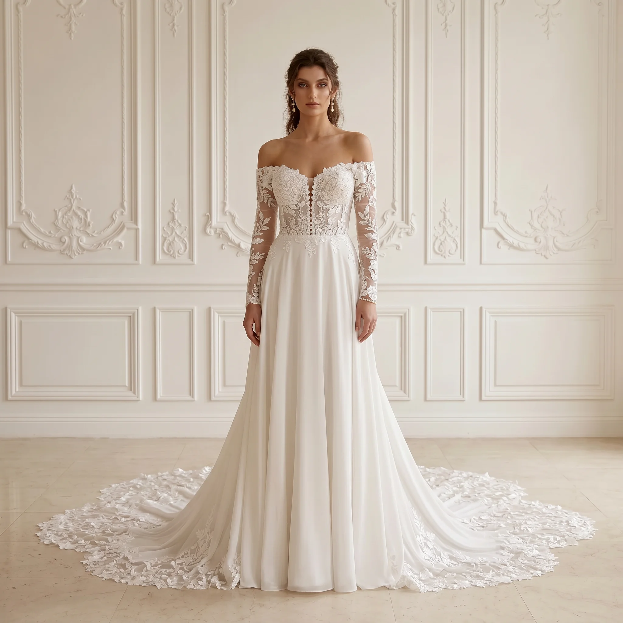 Off Shoulder Long Sleeve A Line Wedding Dress Lace Bodice Soft Satin Skirt Corset Back Floral Lace Chapel Train Bridal Gown