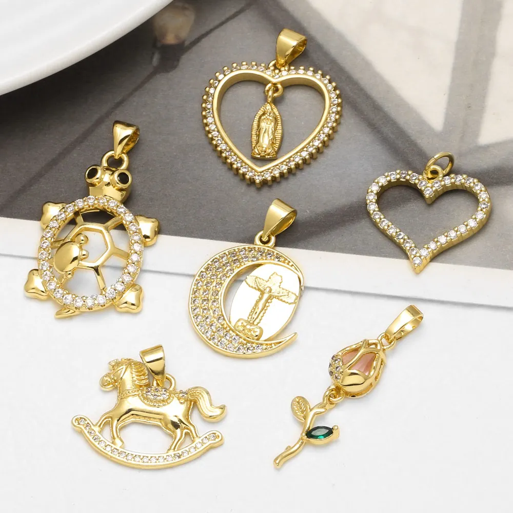 OCESRIO Turtle Charms for Jewelry Making Virgin Mary Cross Moon Gold Plated Brass CZ Heart Horse Pendant Components pdtb907
