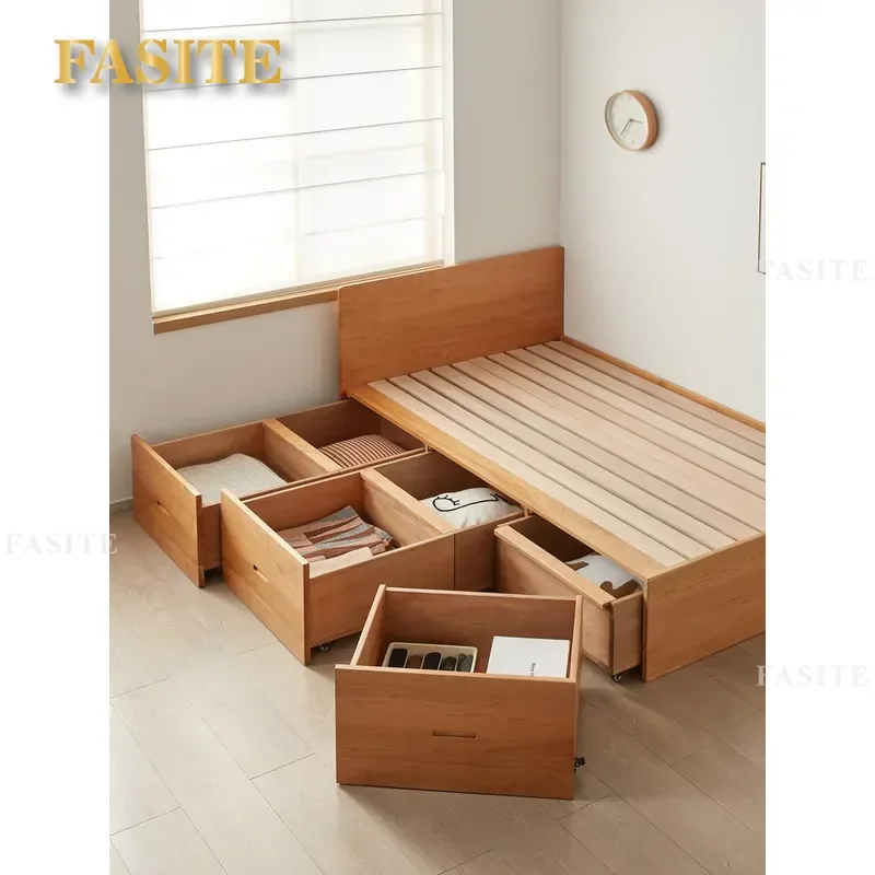 Solid Wood Cherry Platform Bed with Storage Drawers High Box Frame No Headboard Tatami Floor Bed for Kids Bedroom Furniture