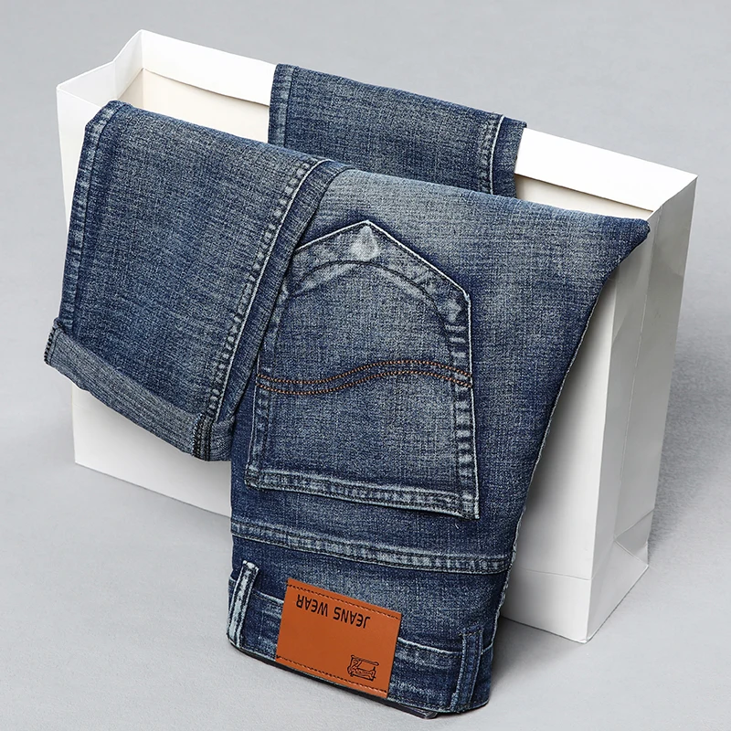 

2025 Spring Autumn Classic Pocket Men Fit Straight Jeans Cotton Elastic Middle Waist Business Casual Lightweight Pants Size 40