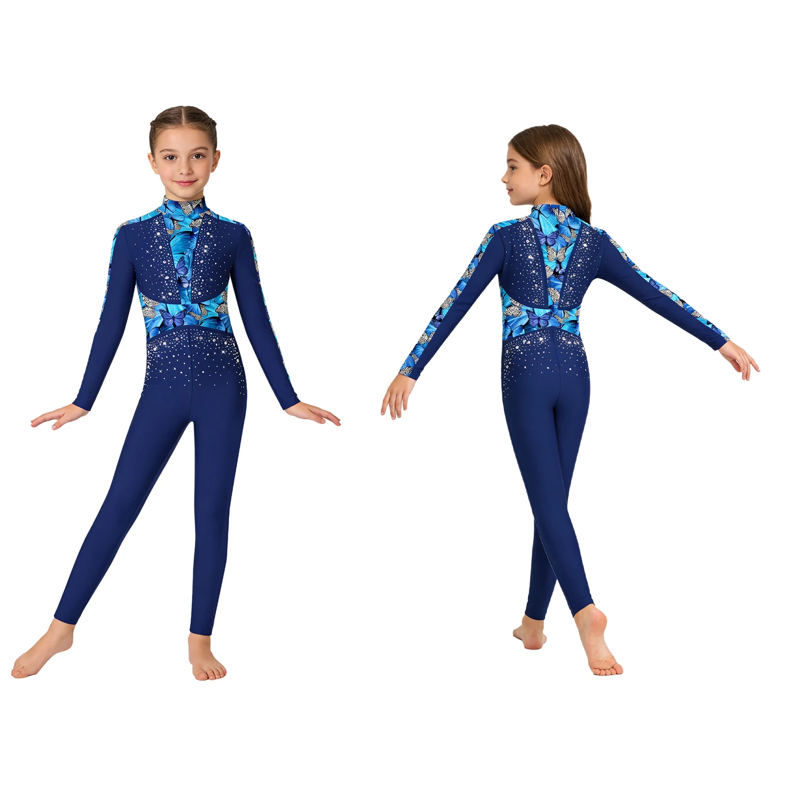 Girls Kids Gymnastics Ballet Dance Full Body Leotards Bodysuit Long Sleeve Print Jumpsuit Performance Competition Dancewear