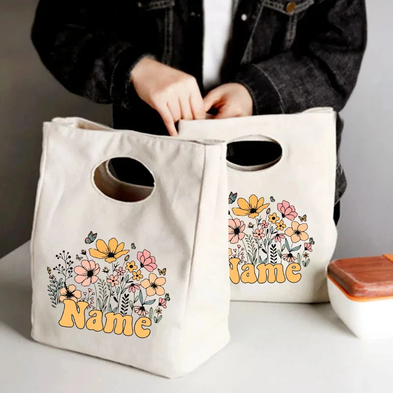 Colorful Butterfly Flower Customized Name Storage Bag Lunch Box Large Capacity Portable Handbag Multi-purpose Canvas Bags Gifts