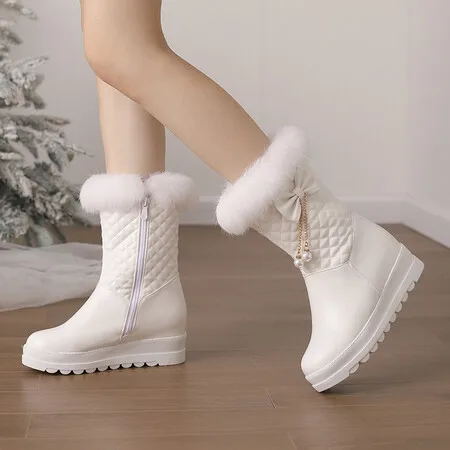 Fashion Women Snow Boots 2024 New Faux Fur Winter Boots Height Lncreasing Platform Thick Plush Warm Zip Winter Shoes White Pink