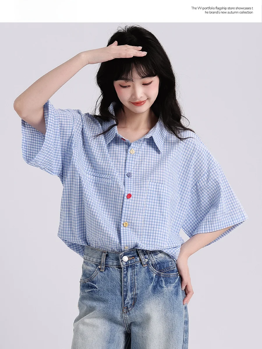 Top casual da donna allentato scozzese blu ort Sve irt Summer Sweet Versatile Button up coreano Sle Commute Faion