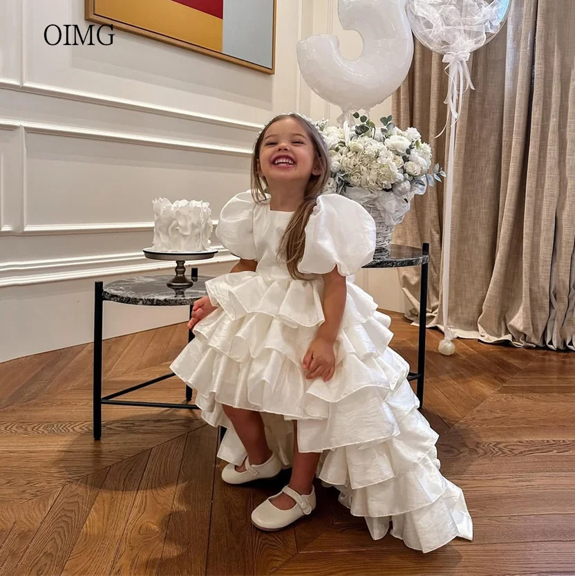 OIMG Puff Sleeves High/Low Flower Girl Dresses Multi-layer Wedding Party Dress Long Tail Birthday Dress בגדים לילדות Customized