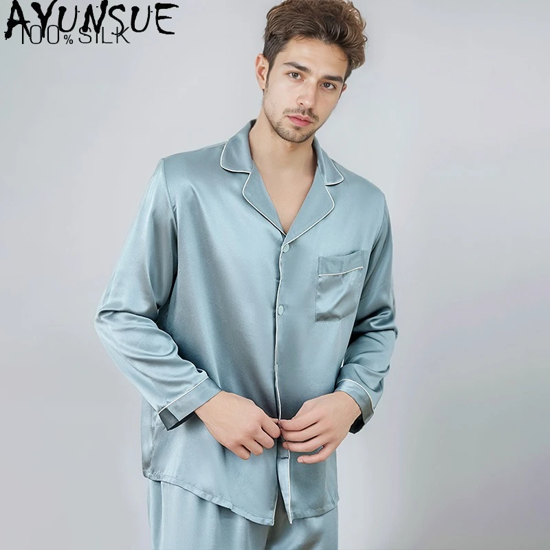 

AYUNSUE 16 мм, одежда для сна из натурального шелка тутового шелкопряда, мужская домашняя одежда, пижамный комплект из 100% натурального шелка, весенне-летний комплект с длинными рукавами, топ и брюки для мужчин