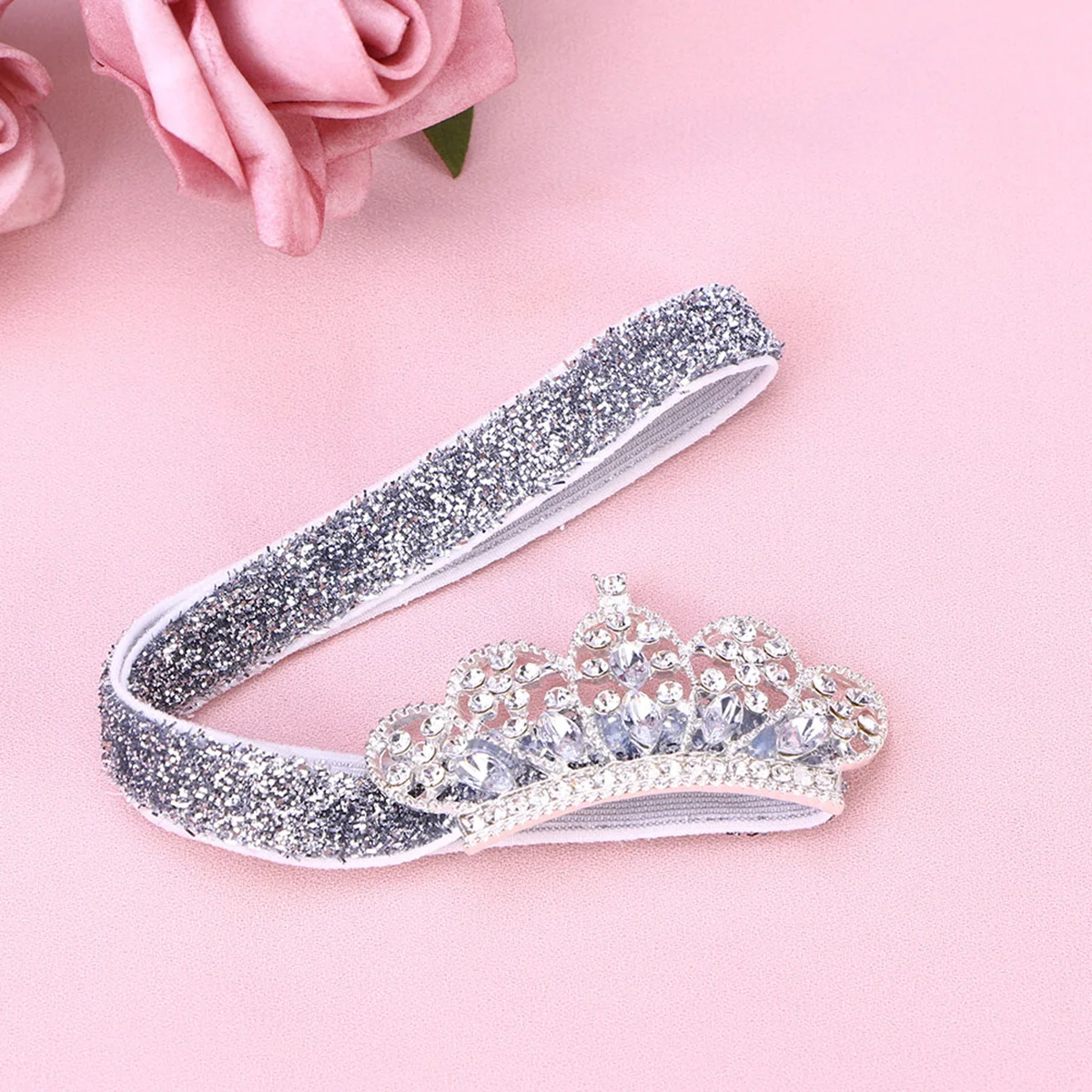 

Baby Girls Rhinestone Crown Headband Silver Ribbon Comfortable Elastic Hairband Lovely Tiara Headband Birthday Party Photography