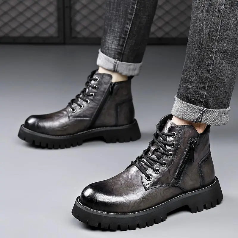 

Boots Men's British Style with Fleece Winter High Top Cotton Shoes American Workwear Height Increasing Mid Short Cowboy