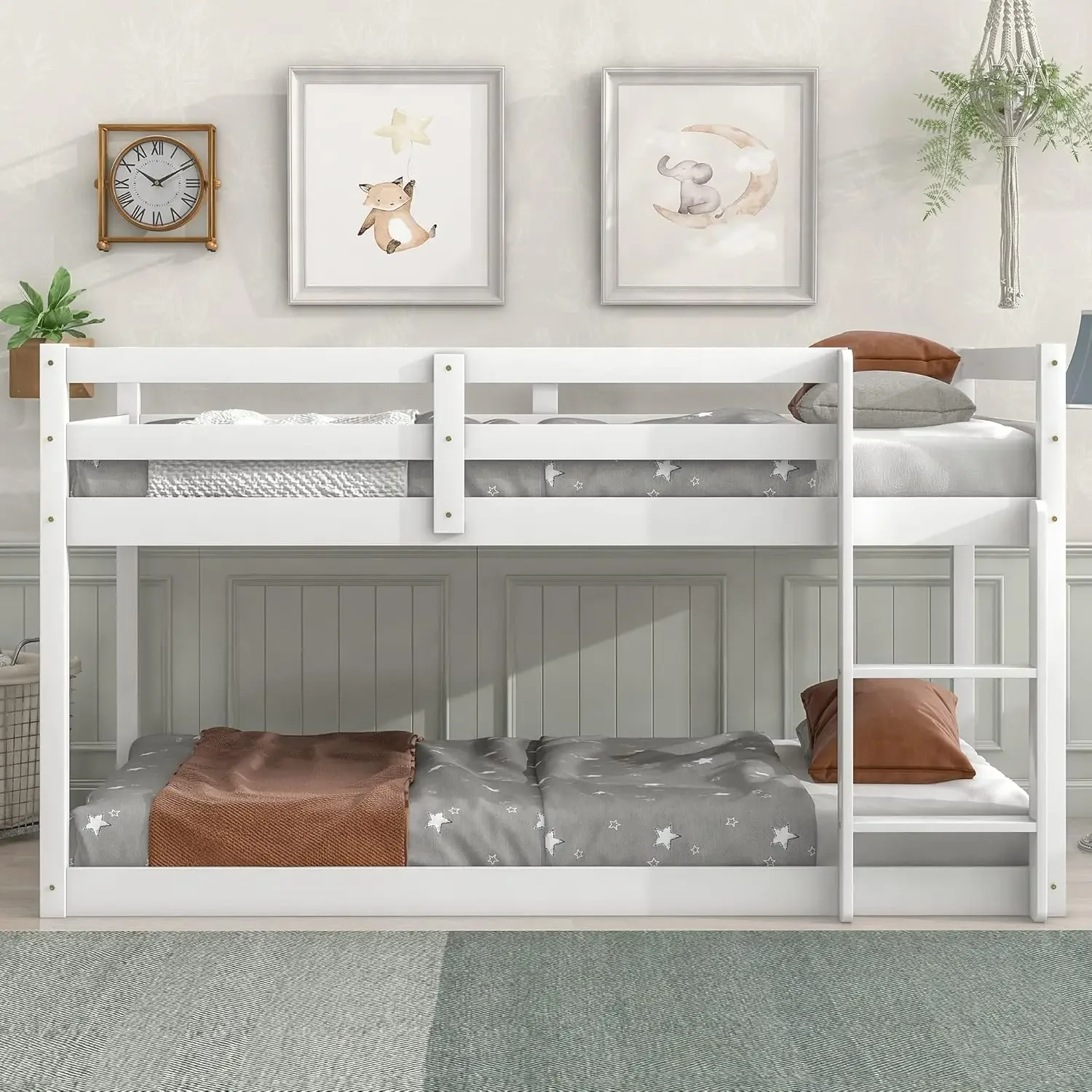 Twin Over Twin Low Floor Loft Bed with Guard Rails for Dormitory Bedroom,Bottom Without Bed slats,White