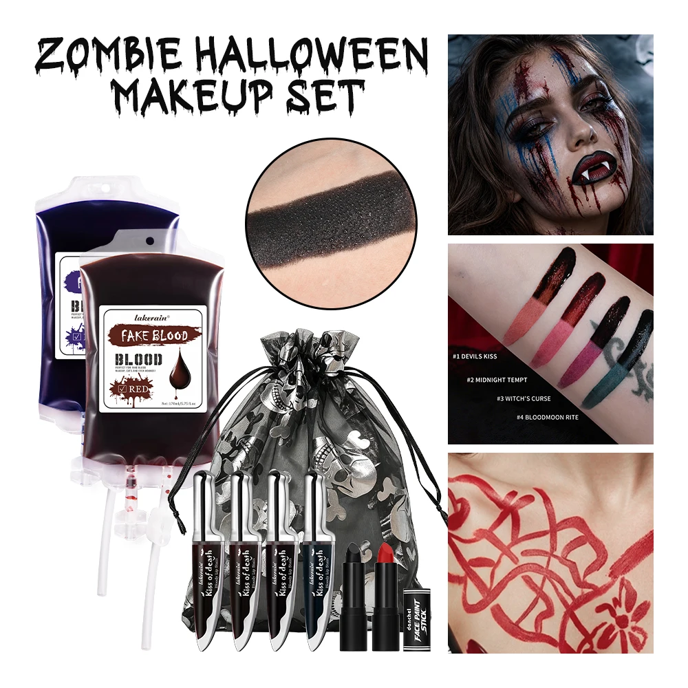 Halloween Zombie Horror Makeup Set Fake Blood Bags Knife Lip Stain Face Paint Skull Bag for Cosplay Scary Party 8 Pcs Makeup Kit