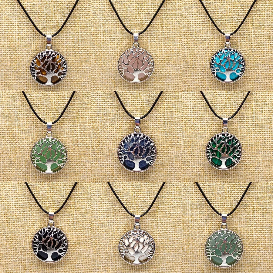 Tree of Life synthetic Stone Necklaces Pendants Pink Quartz White Crystal Glass Lapis Lazuli Tiger Eye Opal Neklace women