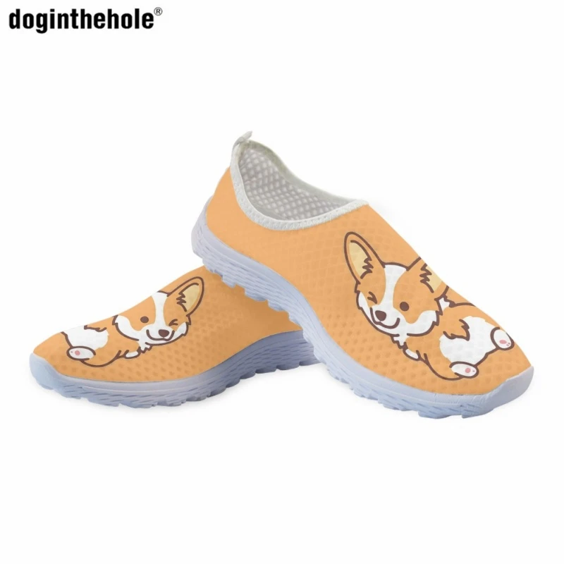 Sapatos baixos padrão dos desenhos animados para mulheres, sapatos de enfermeira casuais elegantes, sapatos de malha respirável leves, Corgi, confortável