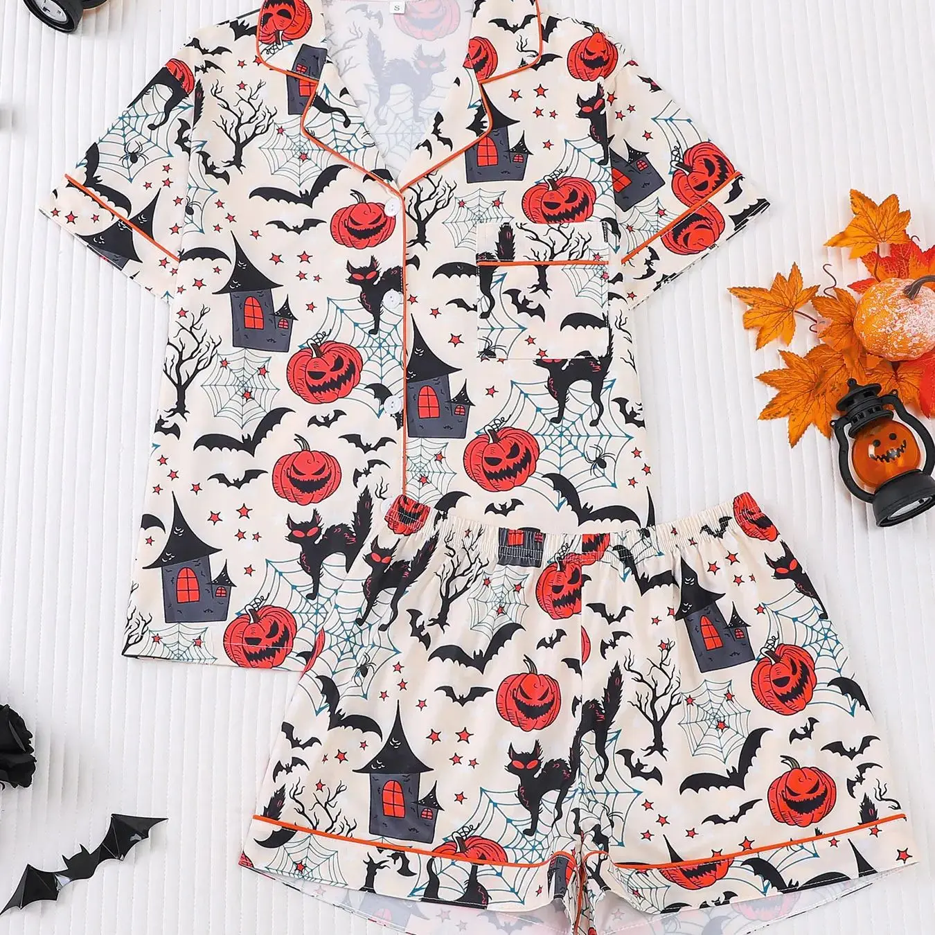 

Винтажный женский пижамный комплект на Хэллоуин с принтом тыквы и летучих мышей, с отложным воротником, короткими рукавами и шортами, мягкая и удобная домашняя одежда для сна