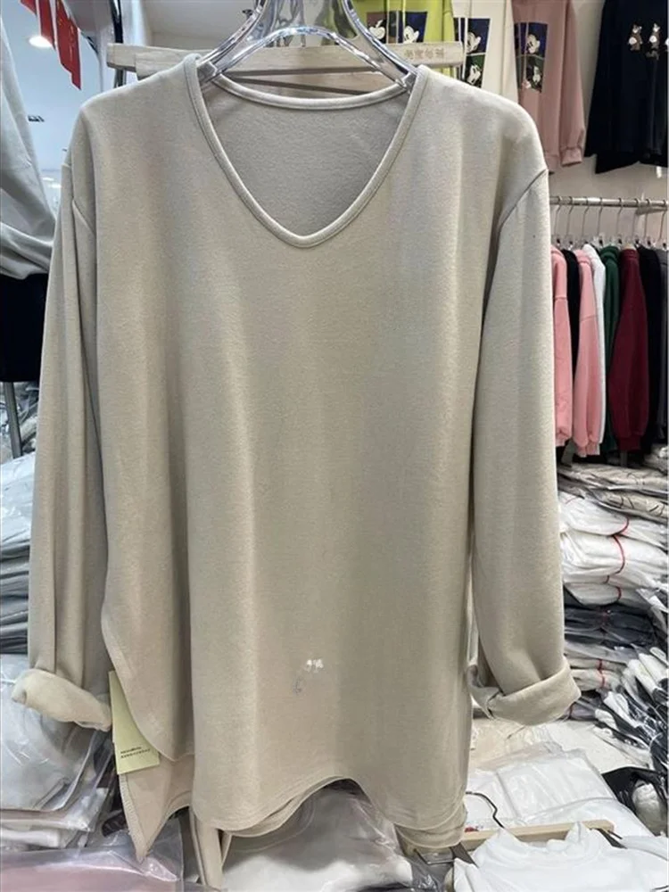 Losse lange Sve V-Ne Fce gevoerde basis irt dames T-shirt Euro maat plus maat 300 Pou lente herfst boog split ontwerp