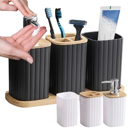 Bathroom Set Soap Dispenser Toothbrush Cup and Bamboo Tray Set Countertop Toiletries Storage Set for Farmhouse Bathroom Decor