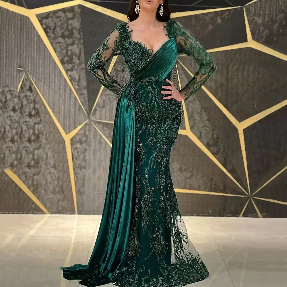 Elegant Luxury Dubai Emerald Green Mermaid Evening Dresses Long Sleeves Lace Appliques Prom Formal Occasion Gowns فساتين السهرة