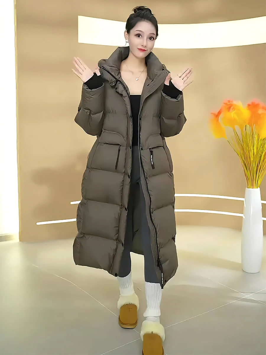 패셔너블 캐주얼 고급 화이트 다운 재킷 여성용 트렌디 후드 스탠드 칼라 롱 코트 2025년 겨울 신상품