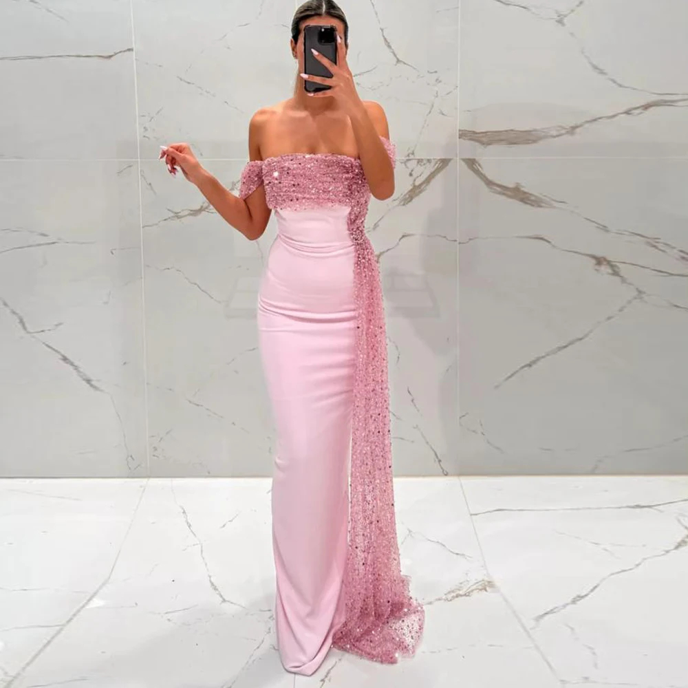 

Розовые платья для выпускного вечера с открытыми плечами по индивидуальному заказу, свадебное платье с вырезом лодочкой и разрезом сзади, атласное облегающее платье длиной до пола