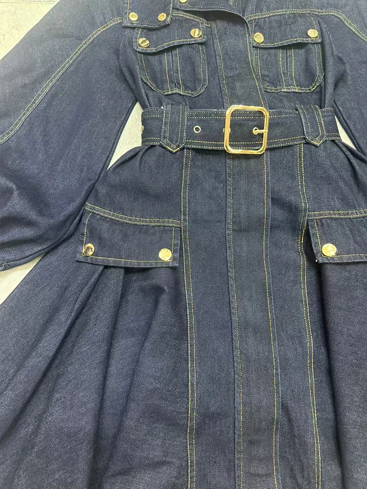 Sukienka z krótkim rękawem typu lampion, dżinsowy pasek w talii, mini spódniczka, nowa kolekcja damska jesień 2025, modna sukienka z klapami, zapinana na zamek, niebieska, puszysta.