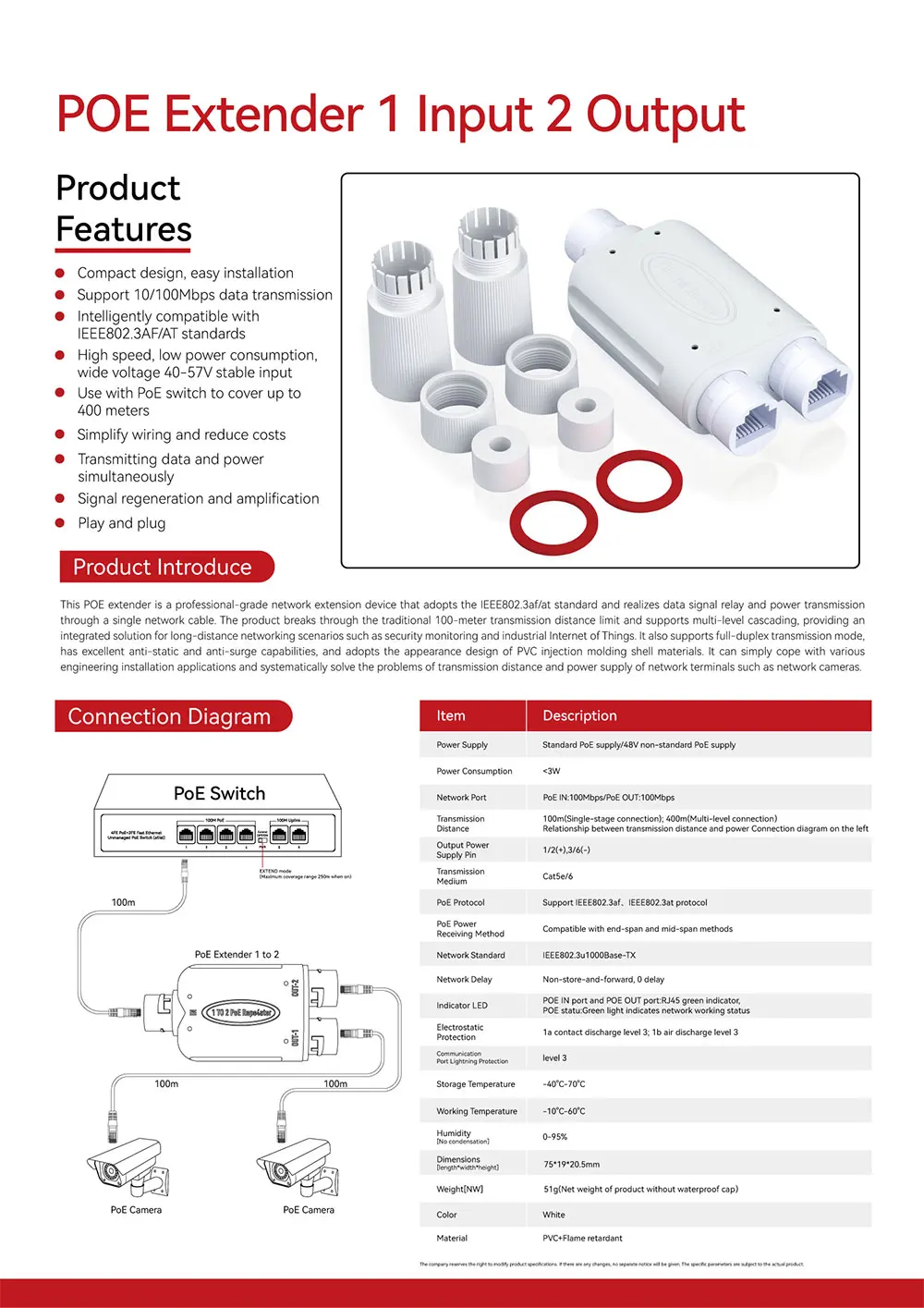 Waterproof POE 2 port Repeater IP66 10/100Mbps 1 To 2 PoE Extender With IEEE802.3af/at 48V Outdoor For POE Switch Camera