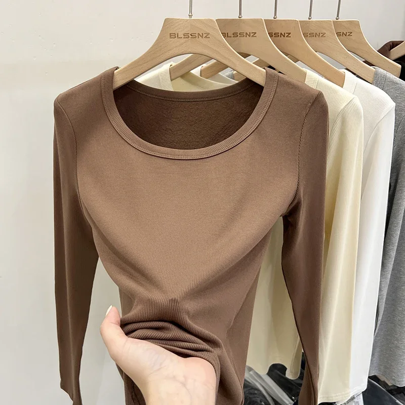 New Fleece-lined Thick Brushed Low O-Neck Autumn Winter Solid Slim Long-Sleeved T-shirt Women Simple Versatile Base Layer Top