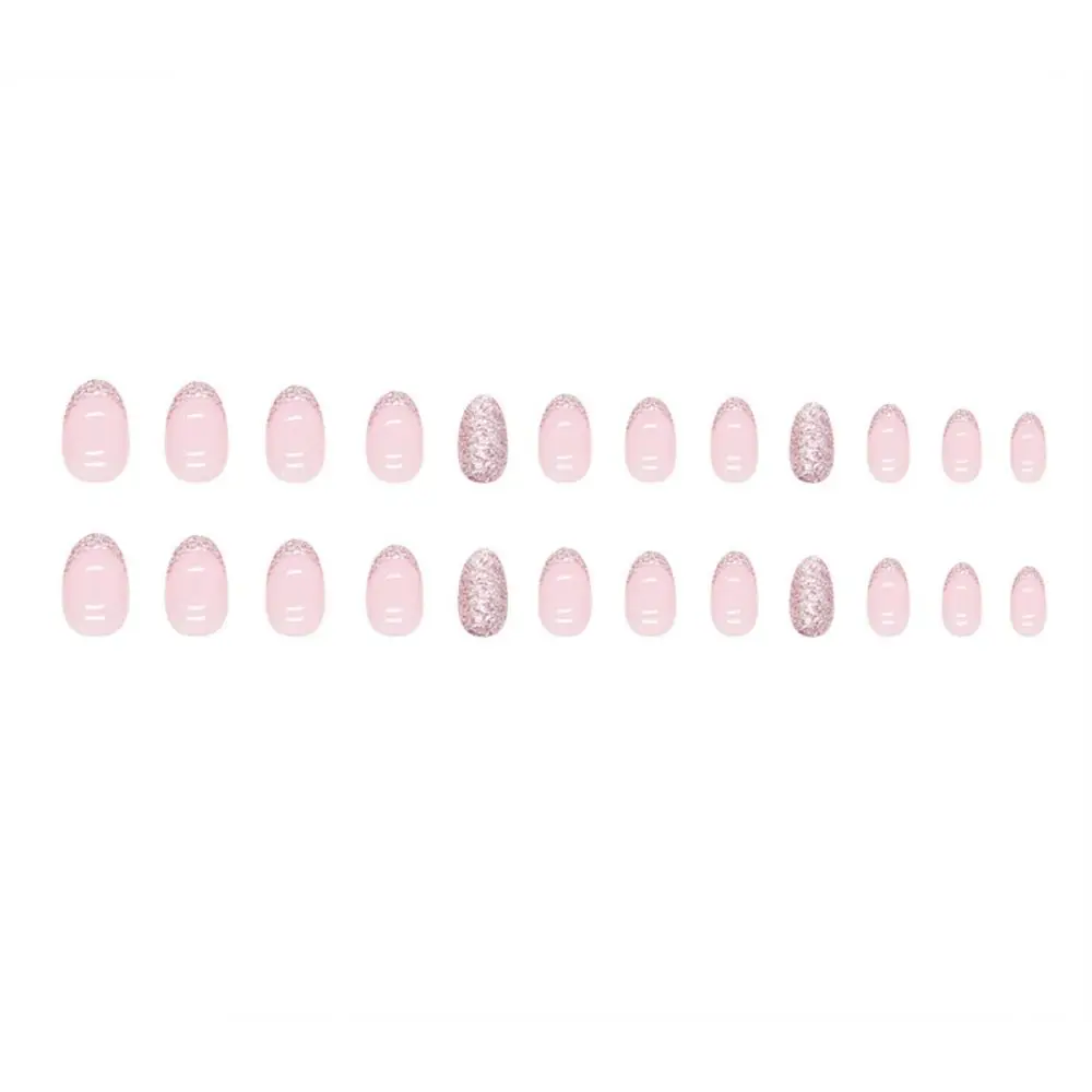 24pcs/box Long Oval French Pink Fake Nails Almond Shining Glitter Full Cover Nail Tips Press on Nails DIY Detachable Manicure
